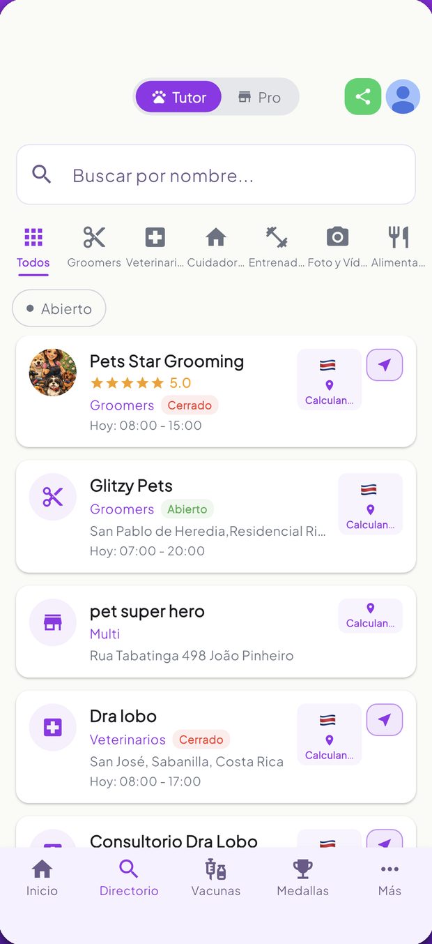 Directorio de veterinarios en la app PetsApp